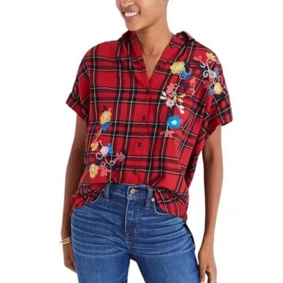 Madewell Embroidered Floral Short Sleeve Button Down Shirt Red Plaid Size XS - Picture 1 of 7